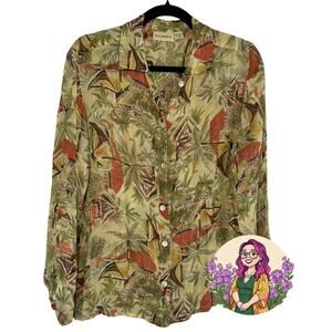 VTG Putumayo Olive Tan Size M Tropical Hut Village Rayon 90s Boho Shirt 1990s